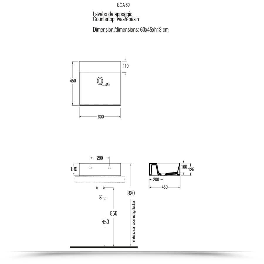 Lavabo in ceramica senza foro Elegance Squared 60 cm installazione da appoggio o sospesa