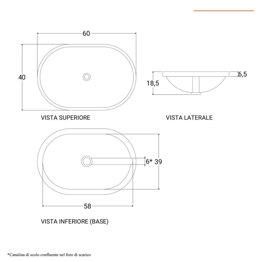 Lavabo incasso soprapiano in ceramica 60x40 cm soprapiano