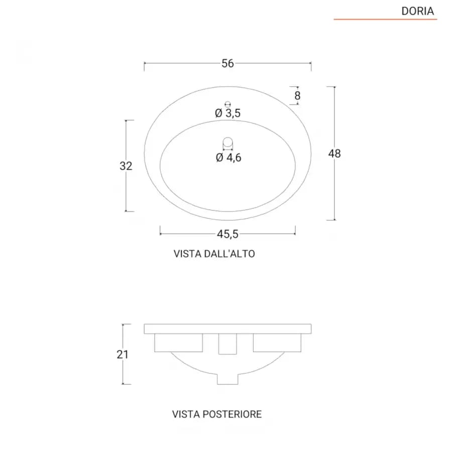 Lavabo incasso soprapiano ovale 56 cm in ceramica bianca - Doria