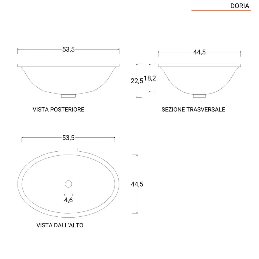 Lavabo incasso sottopiano ovale 53,5 cm in ceramica bianca - Doria
