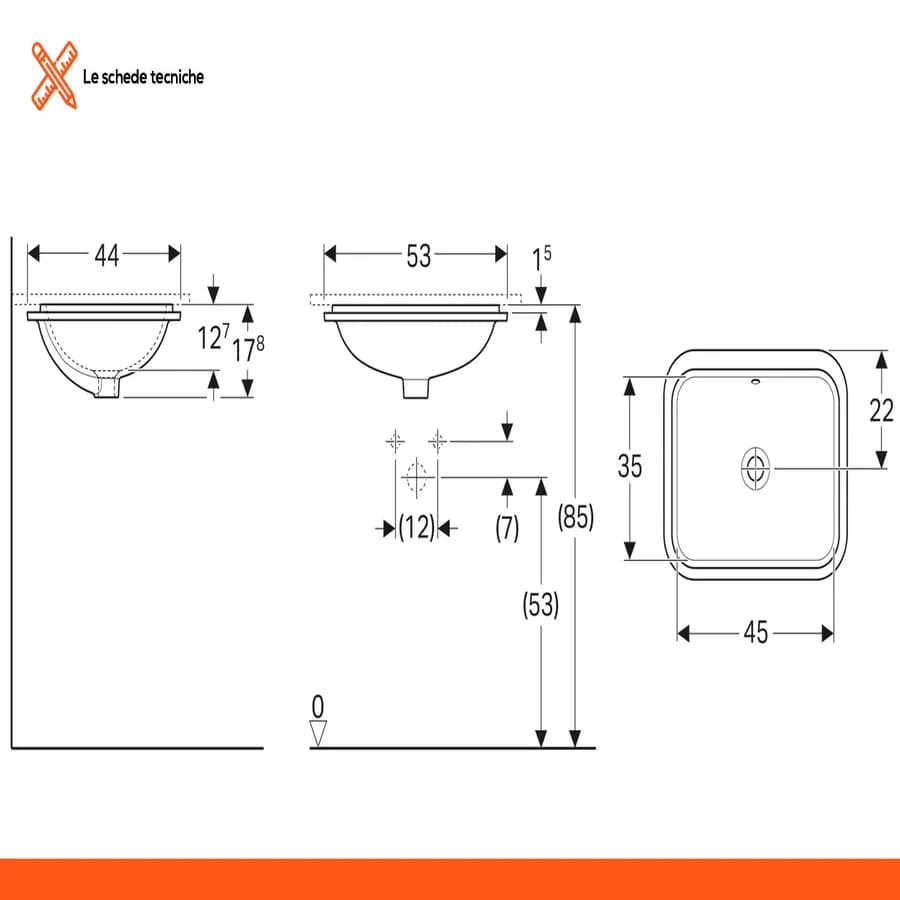 Lavabo incasso sottopiano rettangolare 45x35 cm ceramica Serie Variform - Geberit