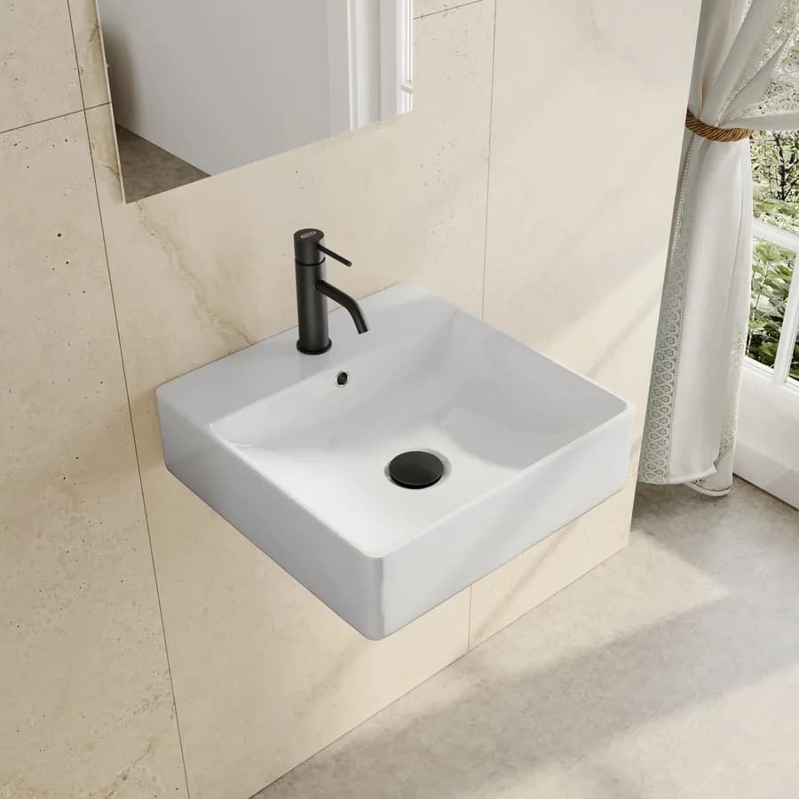 Lavabo monoforo 42 cm appoggio o sospeso in ceramica bianco - Braies