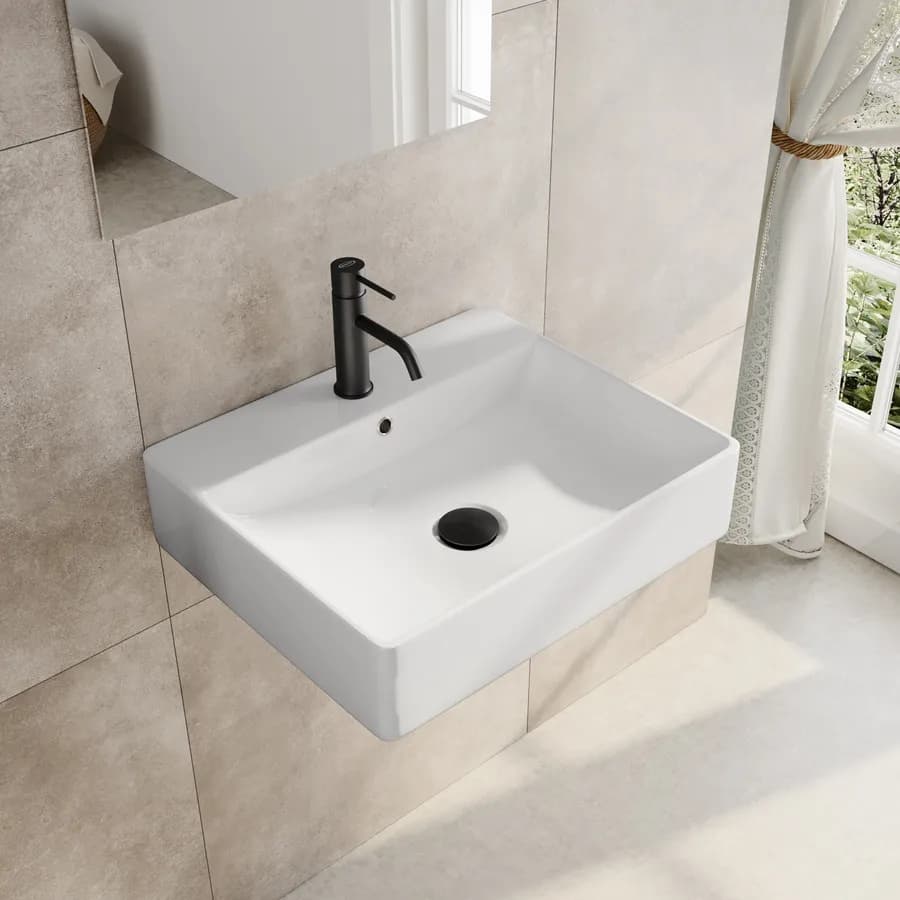 Lavabo monoforo 50 cm appoggio o sospeso in ceramica bianco - Braies