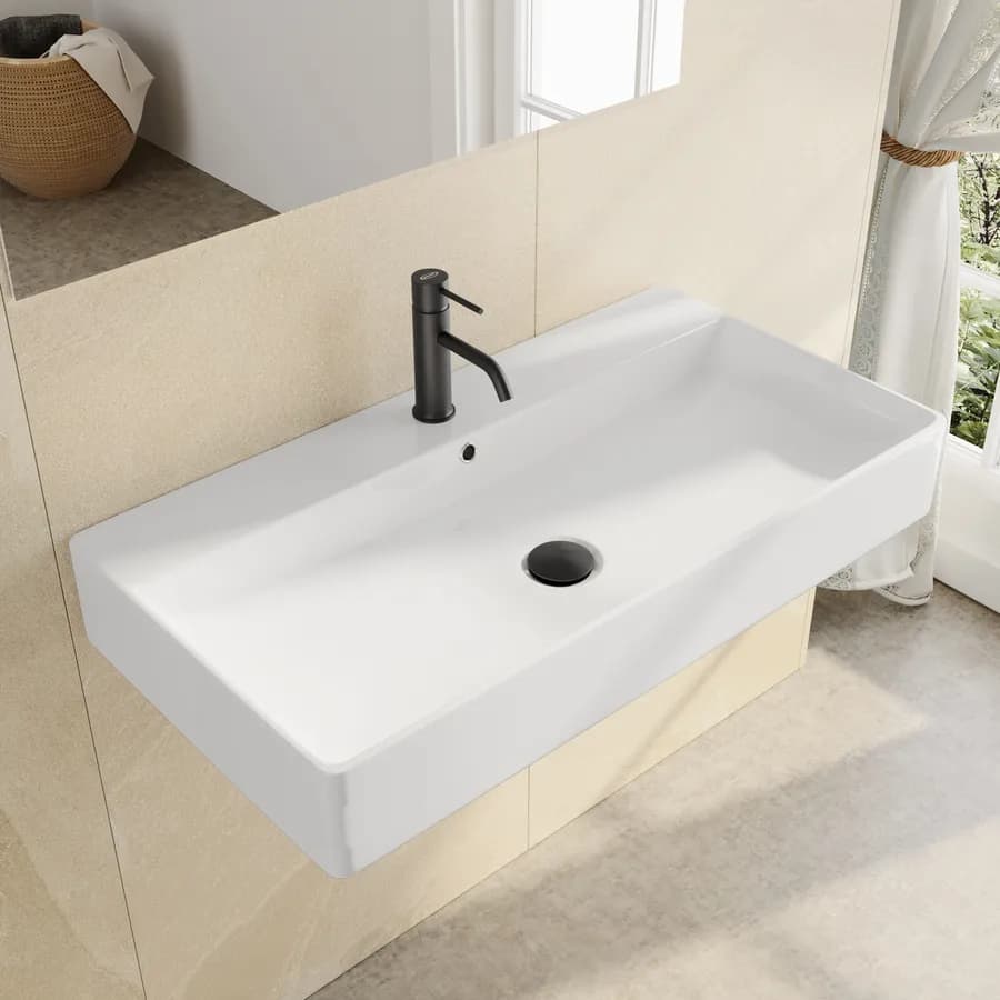 Lavabo monoforo 80 cm appoggio o sospeso in ceramica bianco - Braies