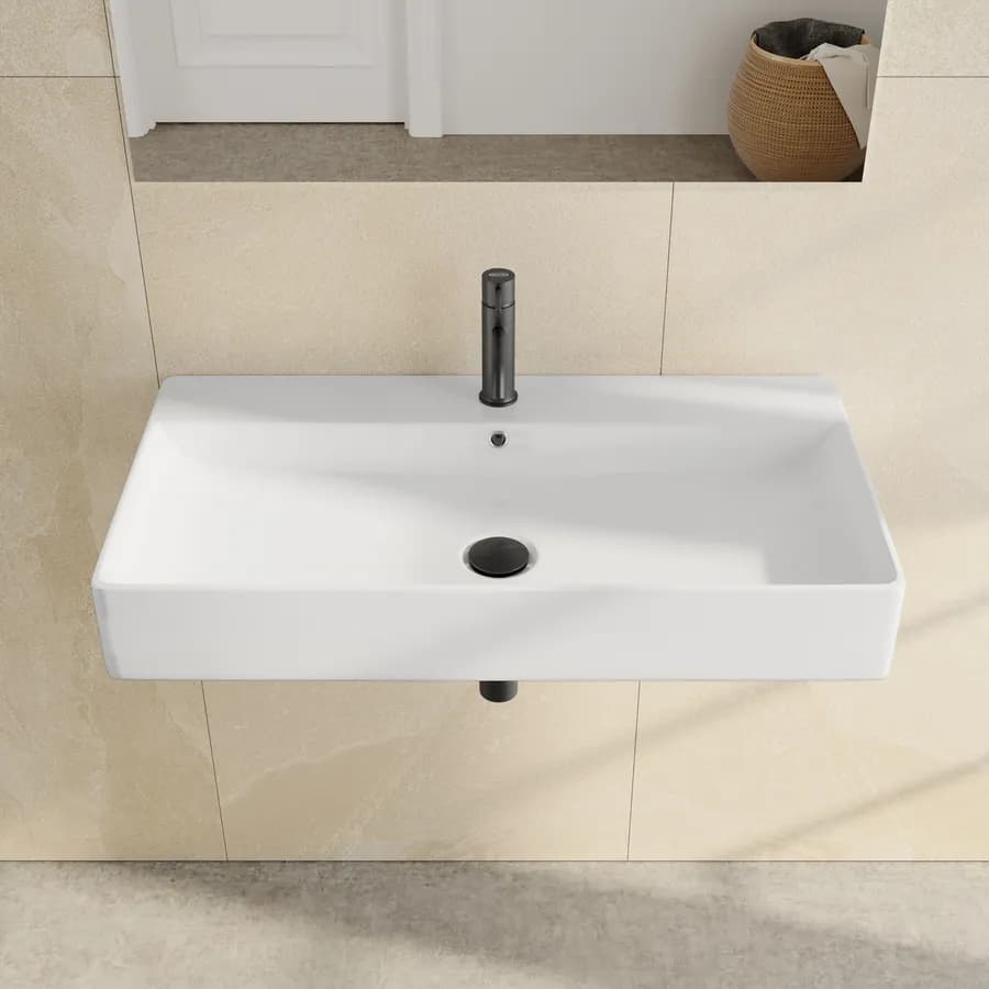 Lavabo monoforo 80 cm appoggio o sospeso in ceramica bianco - Braies