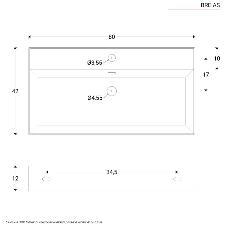 Lavabo monoforo 80 cm appoggio o sospeso in ceramica bianco - Braies