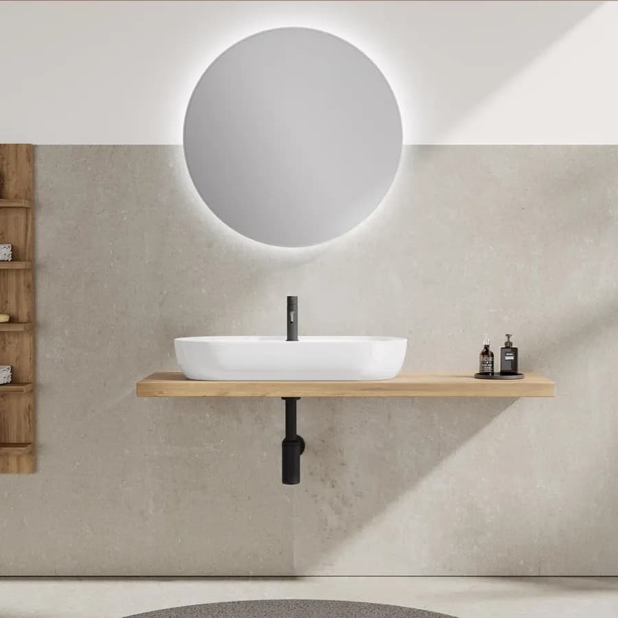 Lavabo ovale da 80 cm in ceramica bianco lucido da appoggio monoforo