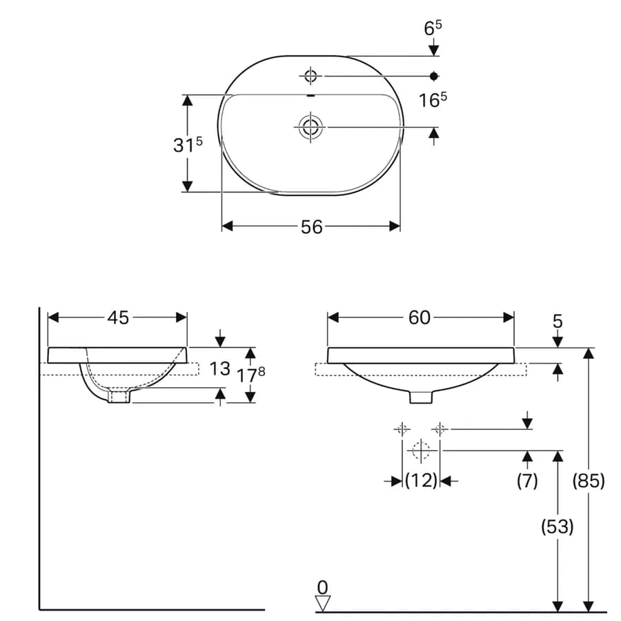 Lavabo semincasso 60x45 cm con foro miscelatore Serie Variform - Geberit