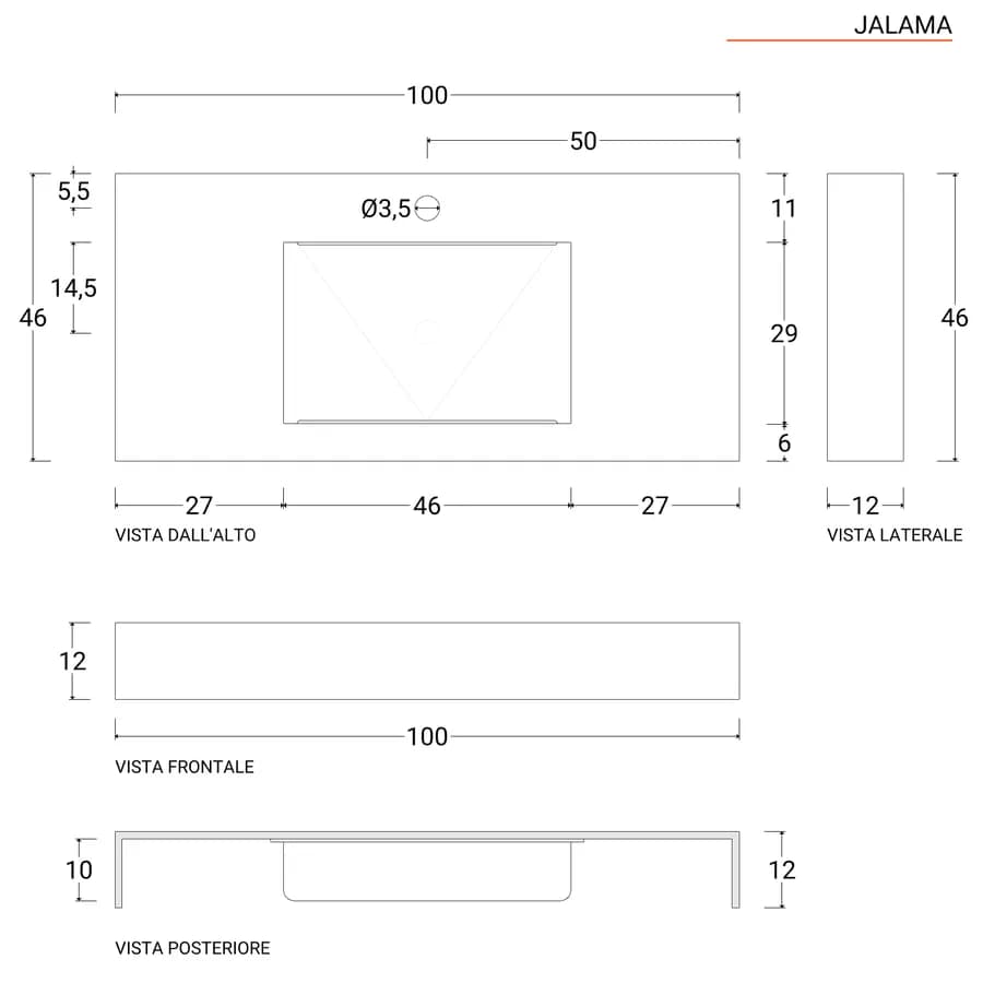 Lavabo sospeso rettangolare 100x46 cm in hpl grigio cemento alfa - Jalama