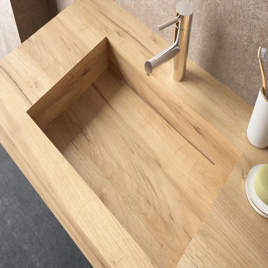 Lavabo sospeso rettangolare 120x46 cm rovere naturale in hpl vasca a sinistra - Jalama