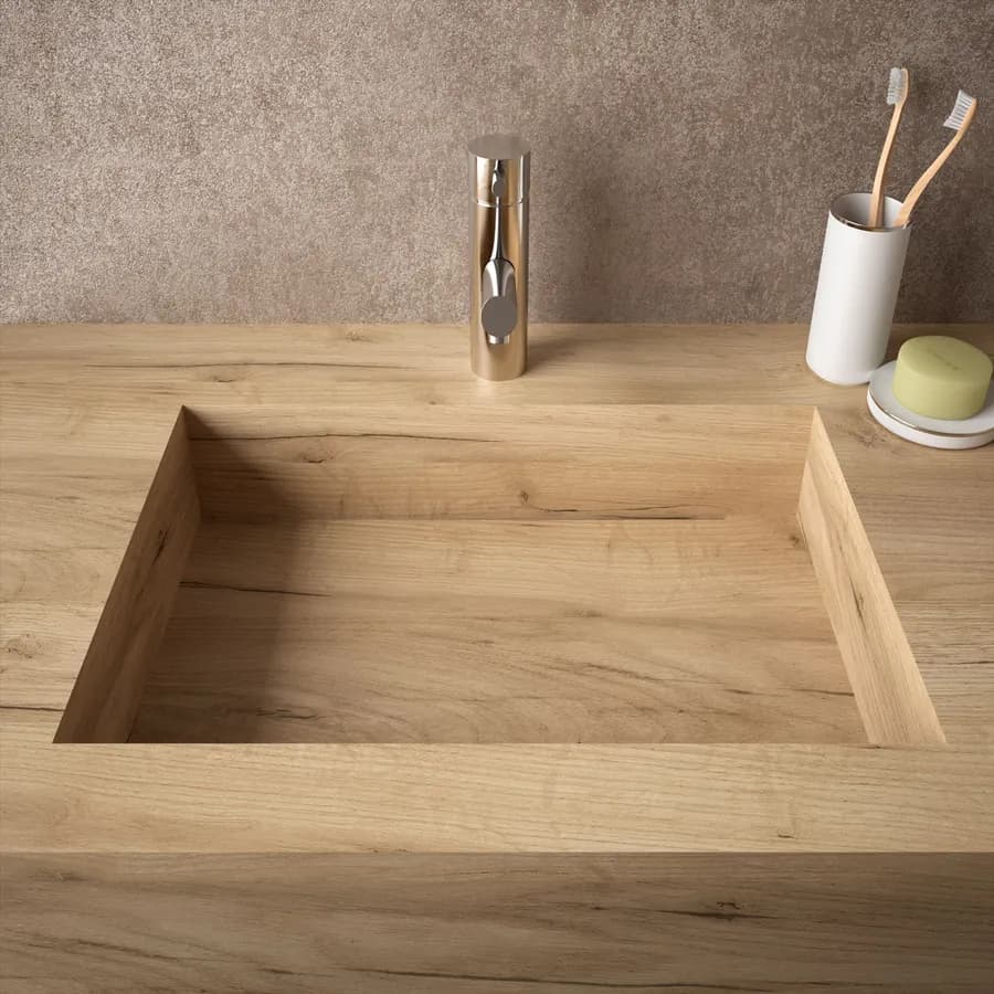 Lavabo sospeso rettangolare 120x46 cm rovere naturale in hpl vasca a sinistra - Jalama