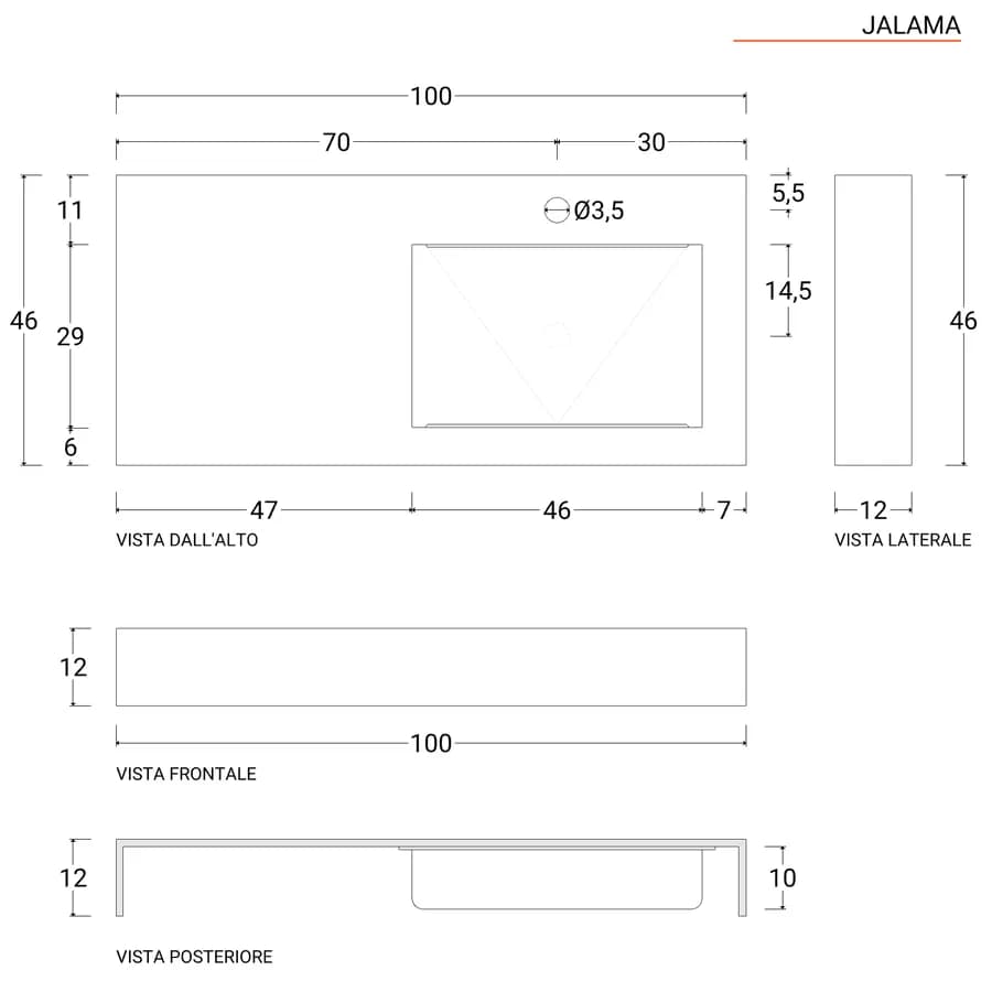 Lavabo sospeso top HPL 100x46cm vasca destra rovere polare - Jalama