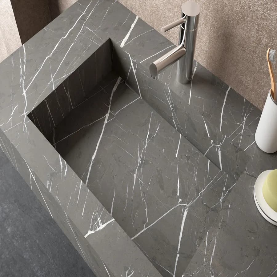 Lavabo sospeso vasca a sinistra integrato HPL 100x46cm finitura pietra grigio fiordo - Jalama