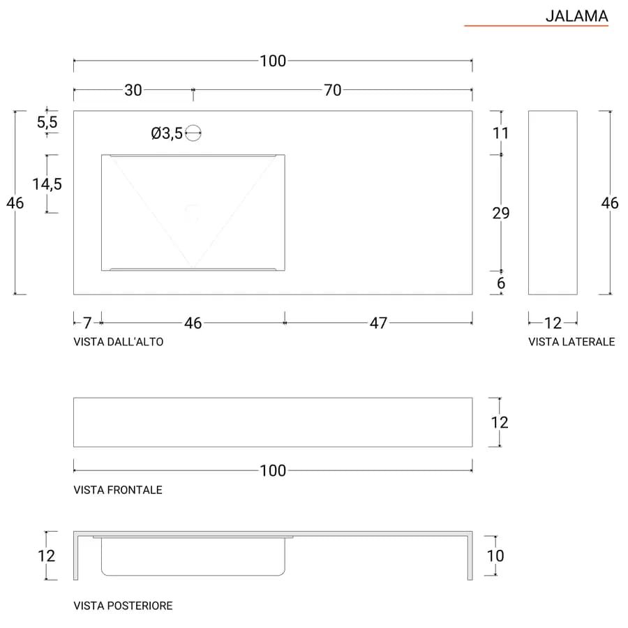 Lavabo sospeso vasca a sinistra integrato HPL 100x46cm finitura pietra grigio fiordo - Jalama