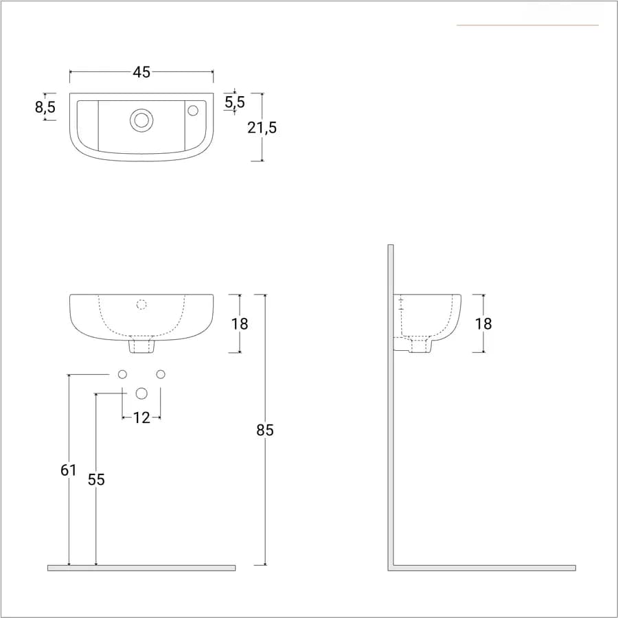 Lavamani sospeso ad angolo in ceramica bianca 45 cm salvaspazio - Miraj