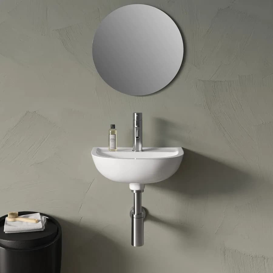 Lavamani sospeso in ceramica bianca 38 cm salvaspazio per piletta click clack - Miraj