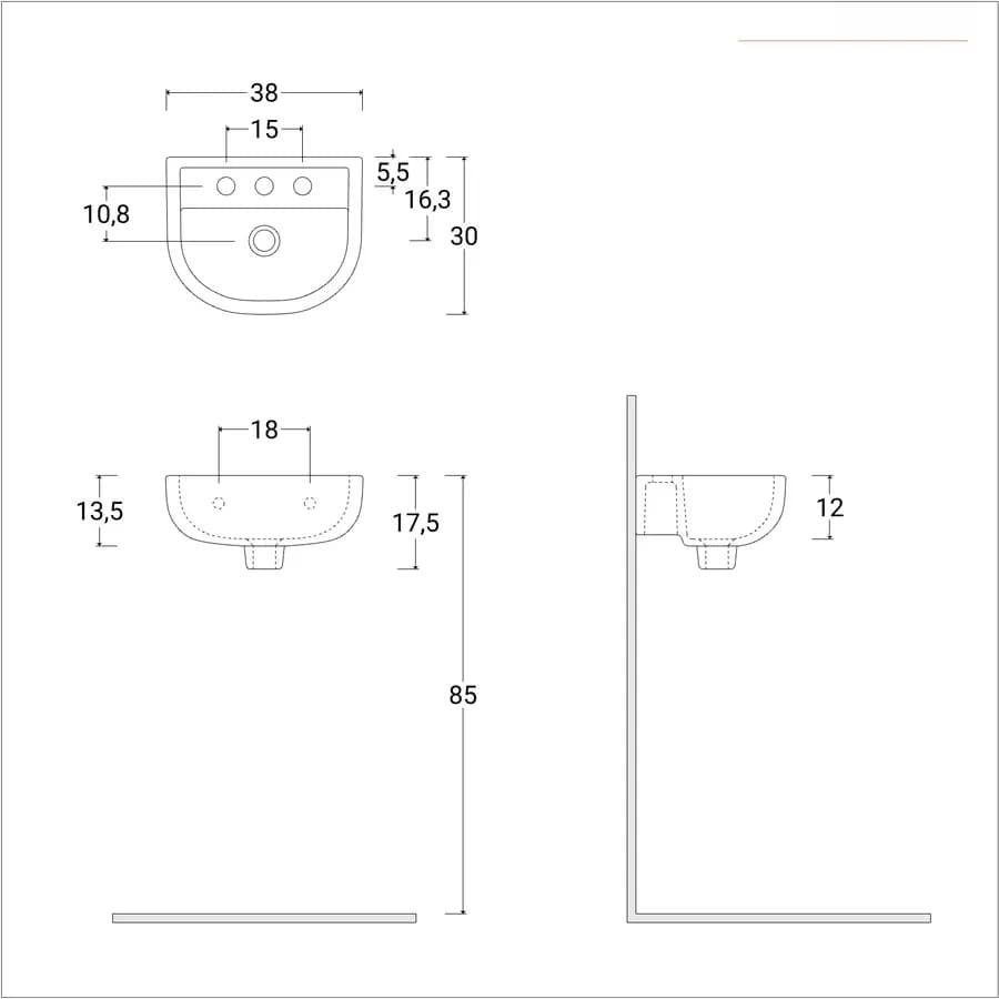 Lavamani sospeso in ceramica bianca 38 cm salvaspazio per piletta click clack - Miraj