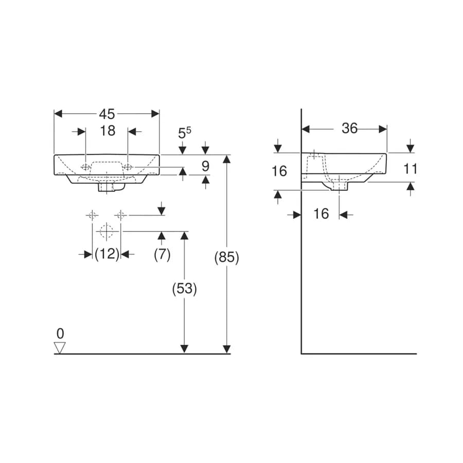 Lavamani sospeso o da appoggio 45 cm ceramica Serie Smyle Square - Geberit