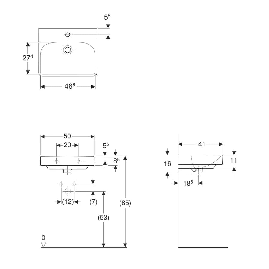 Lavamani sospeso o da appoggio 50 cm ceramica Serie Smyle Square - Geberit