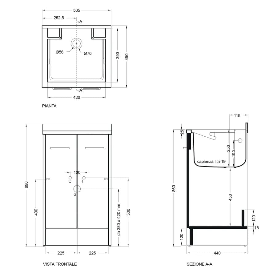 Lavapanni Domestica Colavene 50x45x86h cm con vasca e vano contenitore con due ante