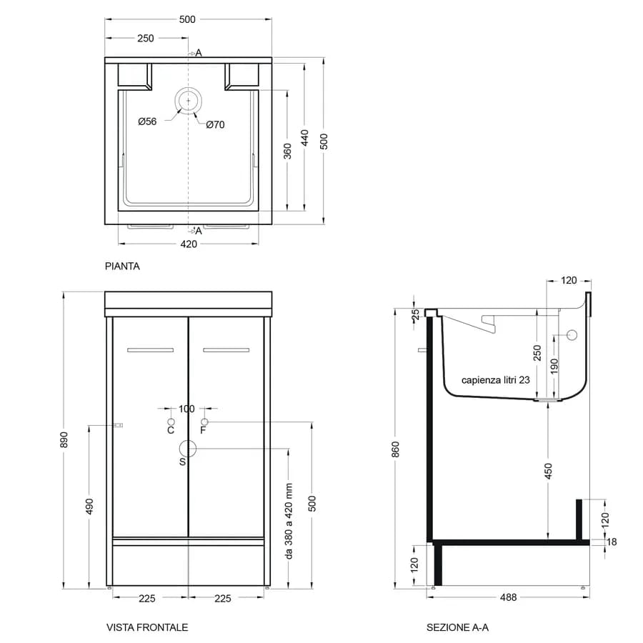 Lavapanni Domestica Colavene 50x50x86h cm con vasca e vano contenitore con 2 ante