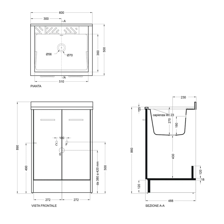 Mobile lavapanni Domestica di Colavene 60x50x86h con lavatoio integrato e ante