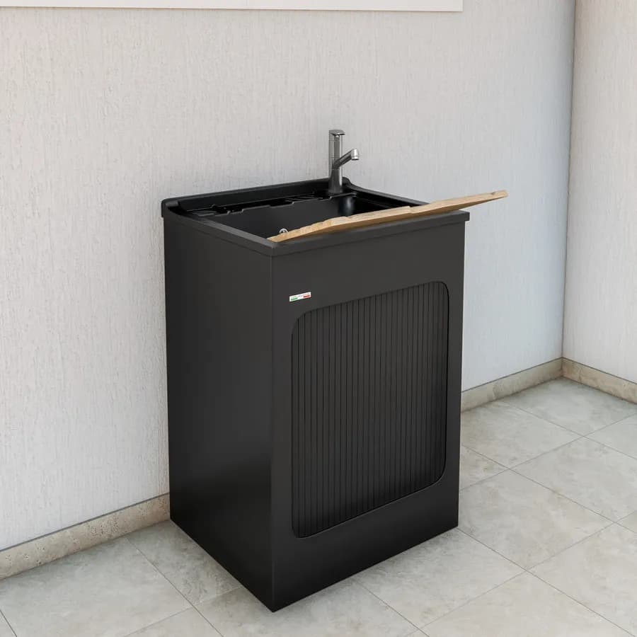 Lavatoio nero Lavacril di Colavene 60x50 cm con serrandina e tavola in legno inclusa
