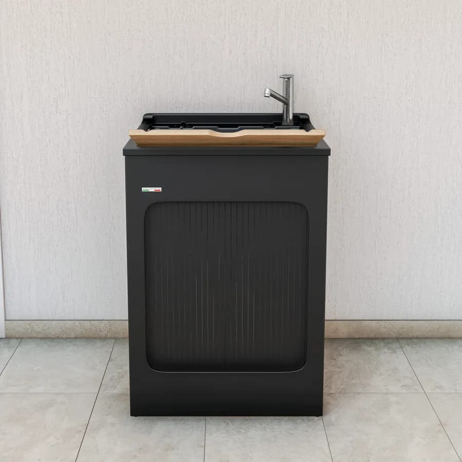 Lavatoio nero Lavacril di Colavene 60x50 cm con serrandina e tavola in legno inclusa