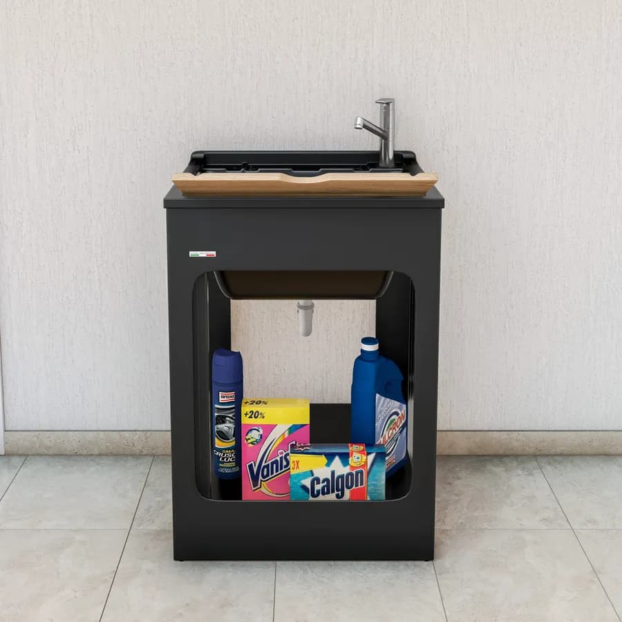 Lavatoio nero Lavacril di Colavene 60x50 cm con serrandina e tavola in legno inclusa