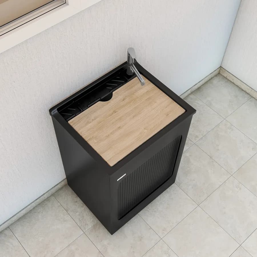 Lavatoio nero Lavacril di Colavene 60x50 cm con serrandina e tavola in legno inclusa