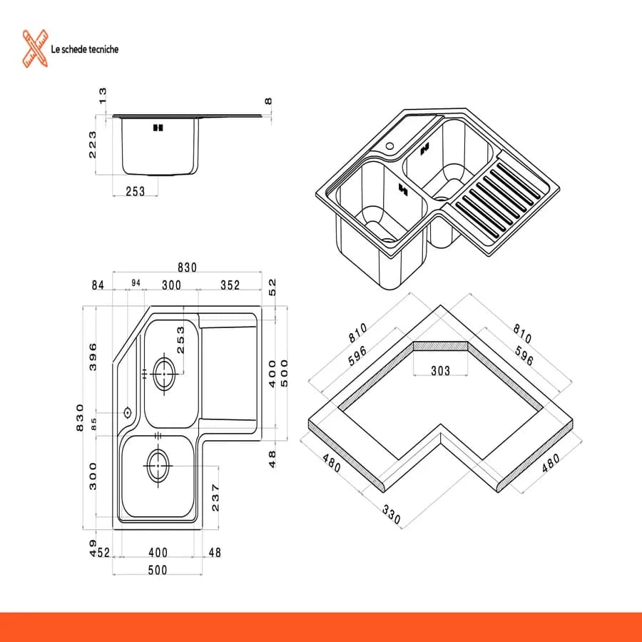 Lavello Apell angolare 83 x 83 x 50 cm con 2 vasche in acciaio inox spazzolato arredo cucina
