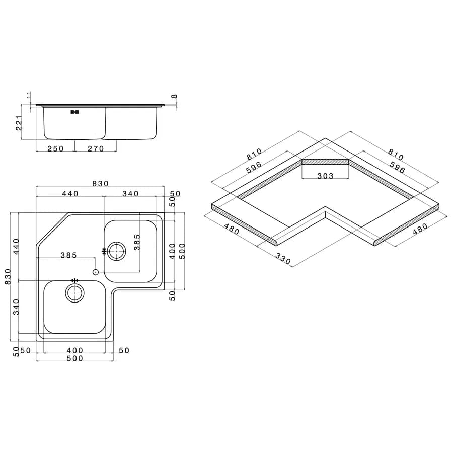 Lavello Apell angolare da cucina 83x83x50 cm in acciaio inox spazzolato