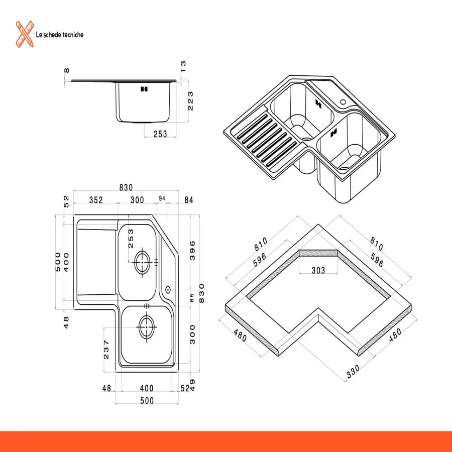 Lavello Apell angolare sx 83 x 83 x 50 cm con due vasche acciaio inox spazzolato