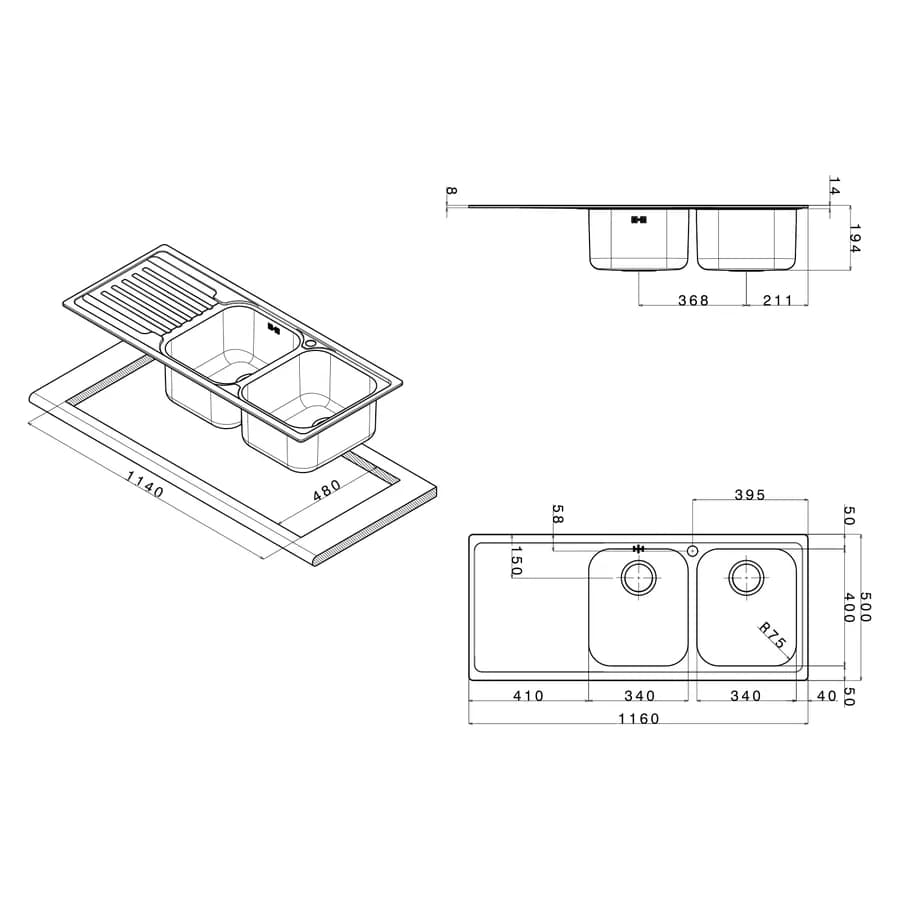 Lavello Apell Venezia 116x50 cm acciaio inox con due vasche e gocciolatoio a sinistra
