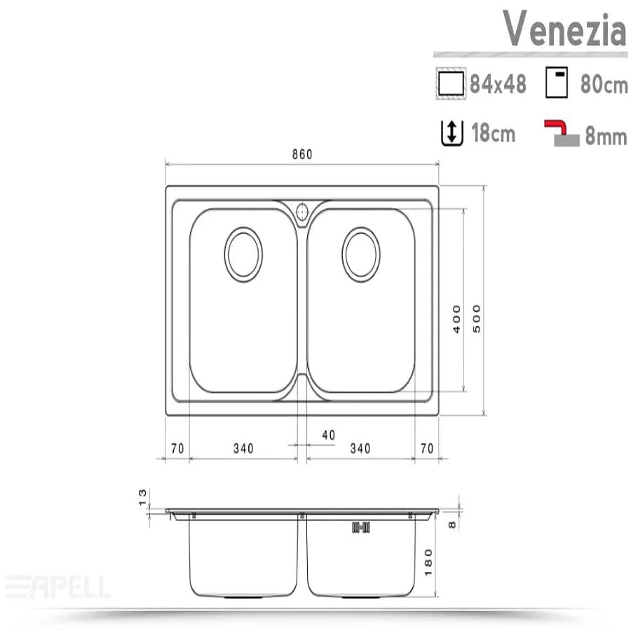 Lavello Apell Venezia in acciaio inox satinato con doppia vasca 86x50 cm