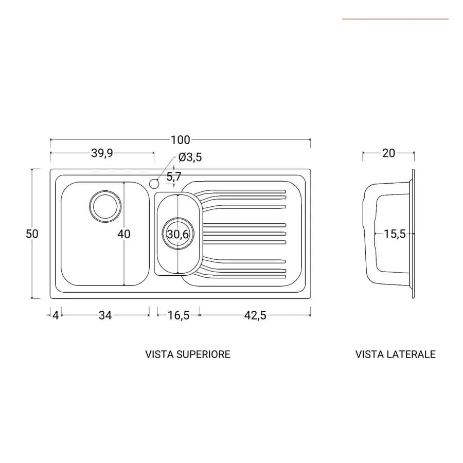 Lavello Franke Radar 100x50 cm da incasso in acciaio inox con vasca e mezza e gocciolatoio a destra Franke