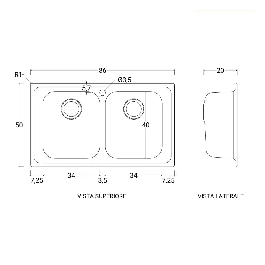 Lavello Franke Radar 86x50 cm da incasso in acciaio inox con vasca doppia Franke