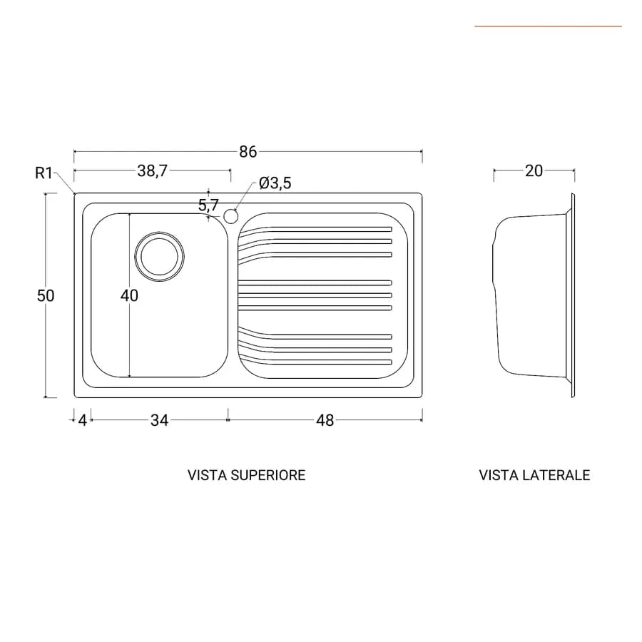 Lavello Franke Radar 86x50 cm da incasso in acciaio inox con vasca e gocciolatoio destra Franke