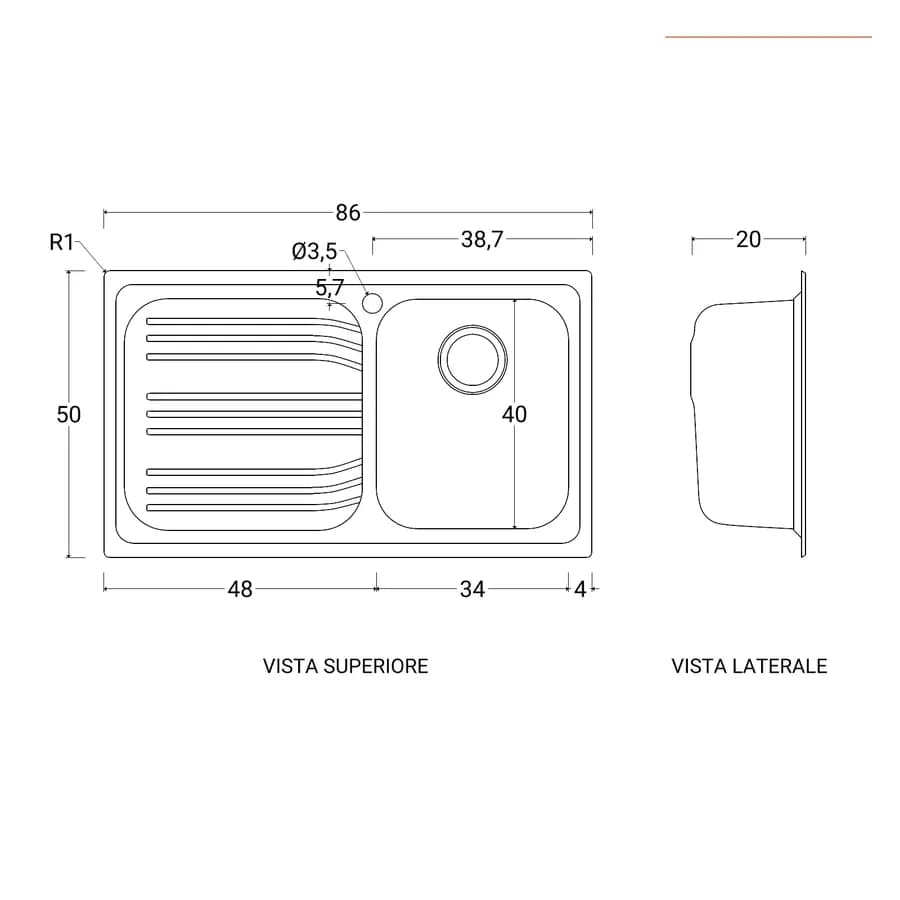 Lavello Franke Radar 86x50 cm da incasso in acciaio inox con vasca e gocciolatoio sinistra Franke