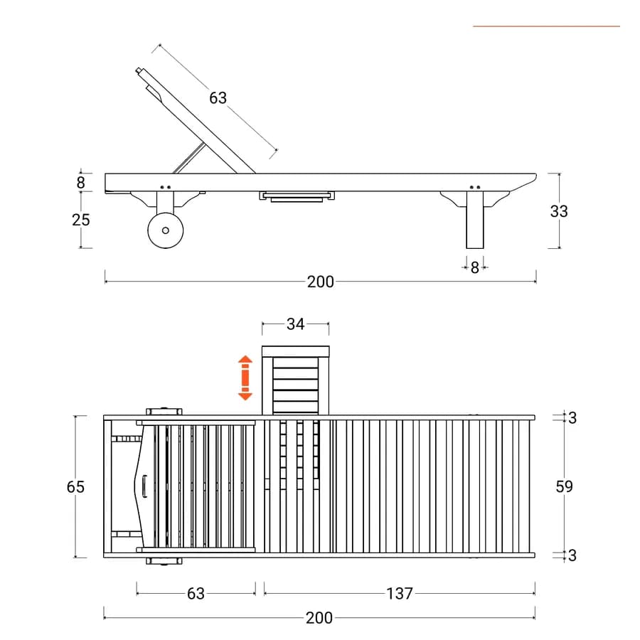 Lettino prendisole reclinabile in legno teak con vassoio scorrevole - Louis