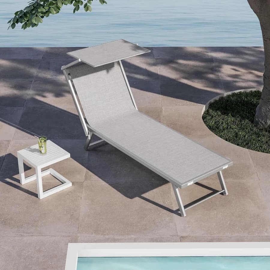 Lettino prendisole reclinabile in alluminio grigio chiaro con tettuccio - Aloha