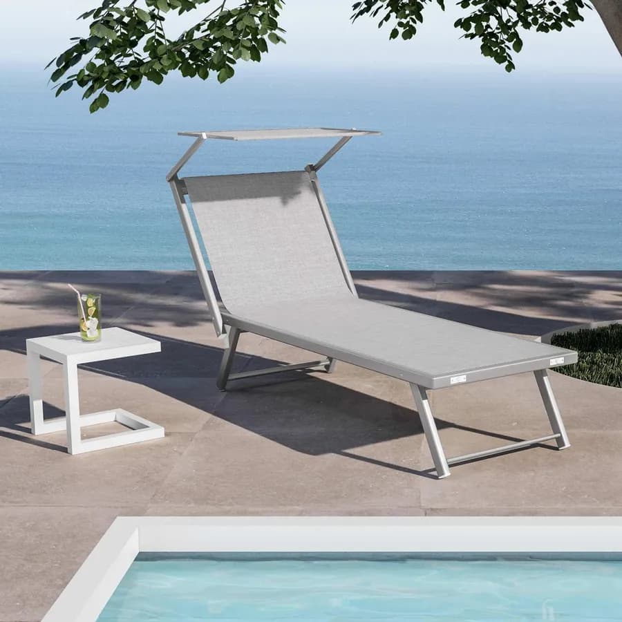 Lettino prendisole reclinabile in alluminio grigio chiaro con tettuccio - Aloha