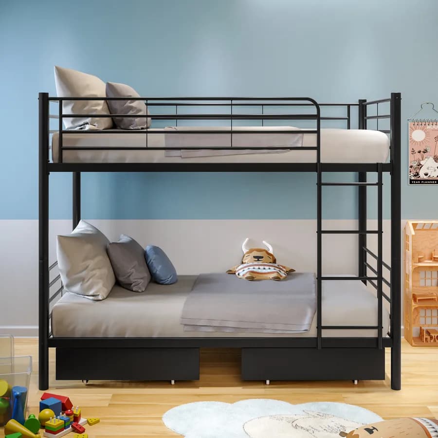 Letto a castello trasformabile in 2 letti singoli 90x190 cm in metallo nero opaco con 2 cassettoni - Jenson