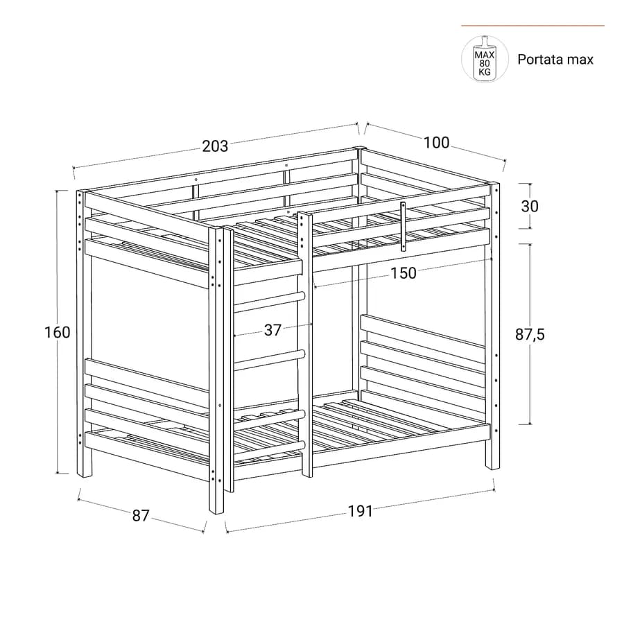 Letto a castello per bambini 90x190 cm in legno naturale con 2 cassettoni - Lollipop