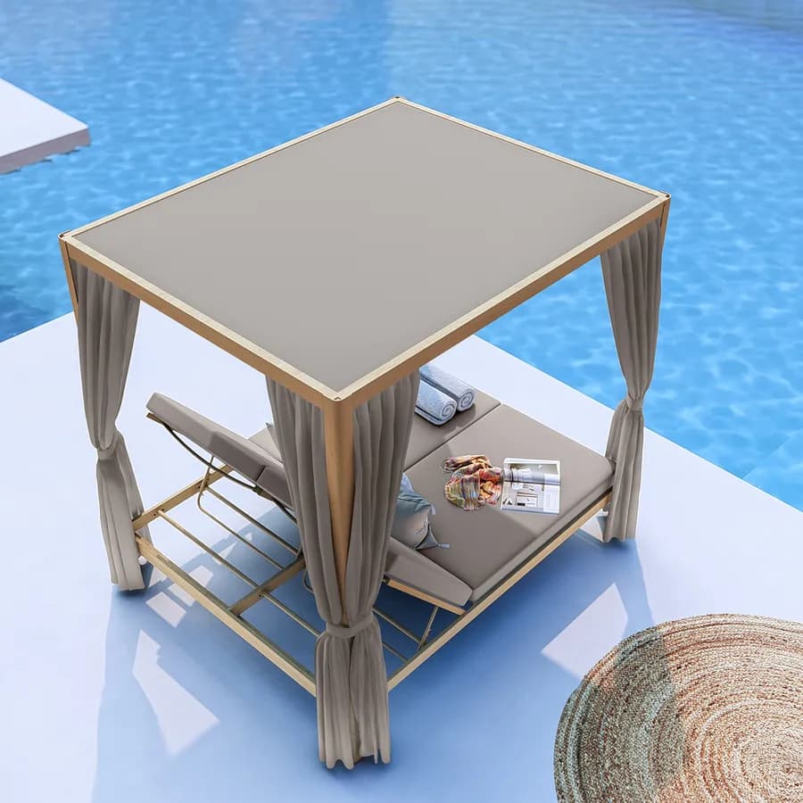 Letto baldacchino da giardino reclinabile in alluminio effetto legno con tende e cuscini tortora - Sancho