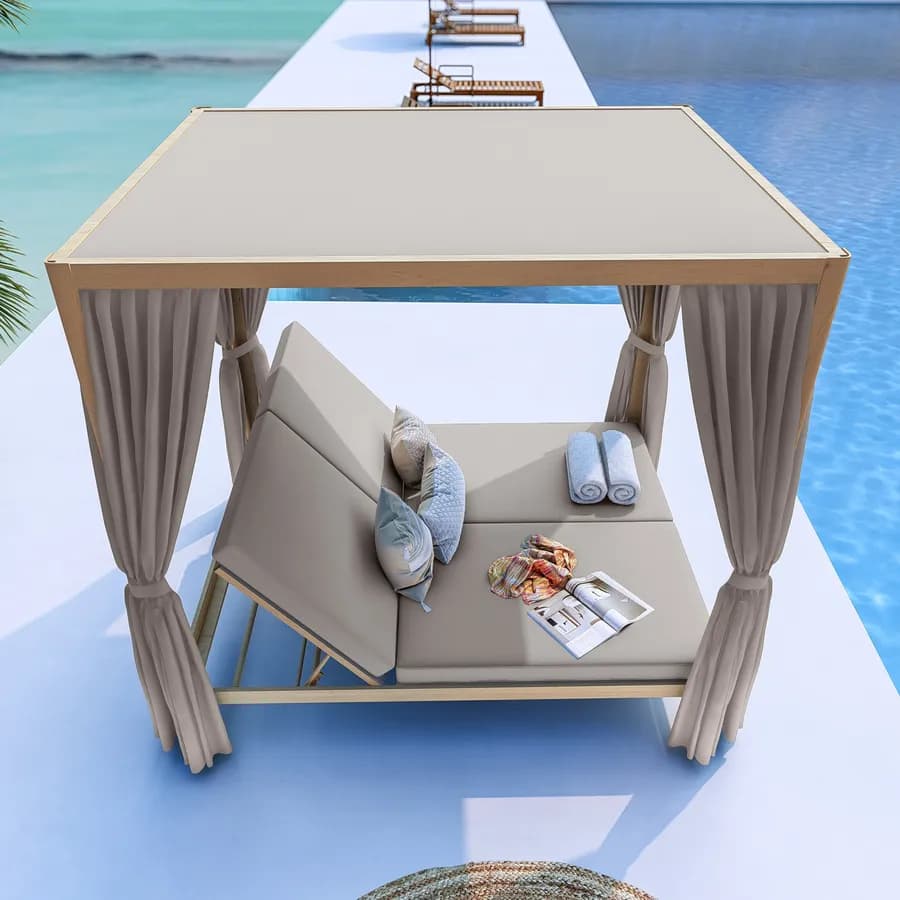 Letto baldacchino da giardino reclinabile in alluminio effetto legno con tende e cuscini tortora - Sancho