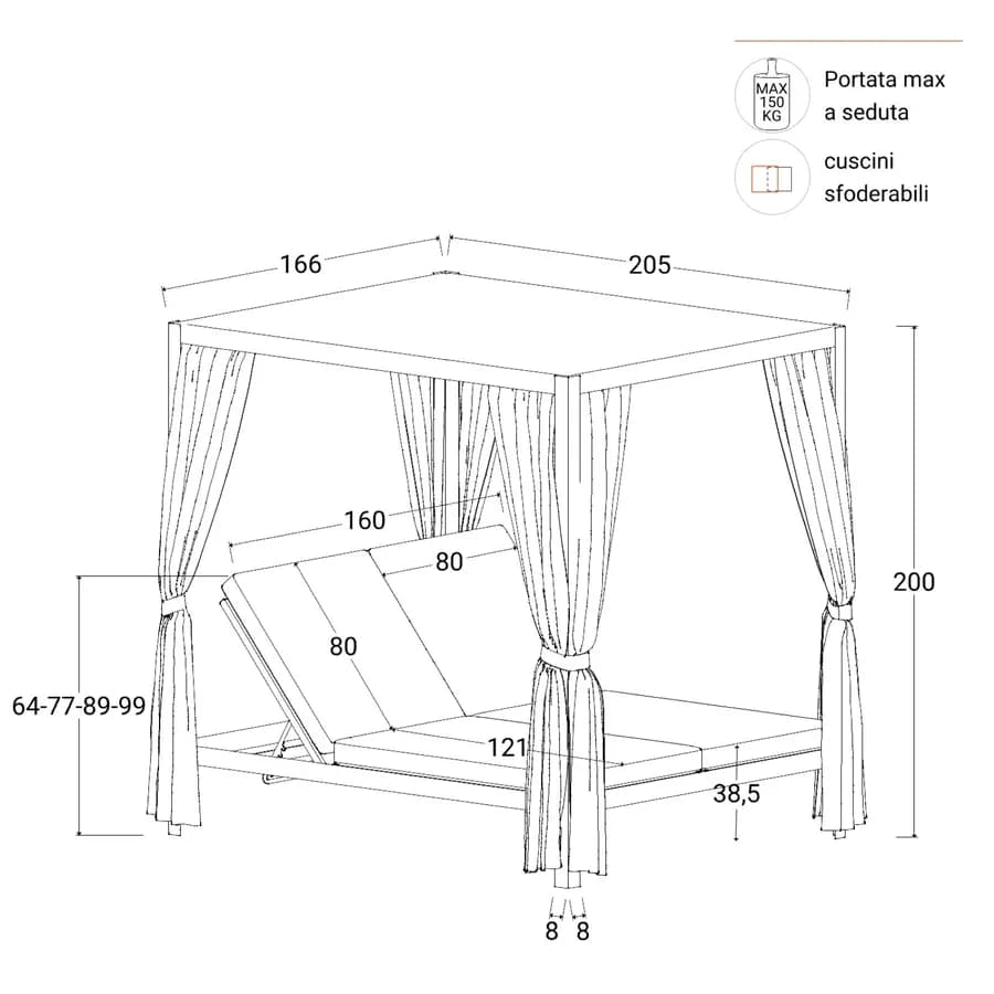 Letto baldacchino da giardino reclinabile in alluminio effetto legno con tende e cuscini tortora - Sancho