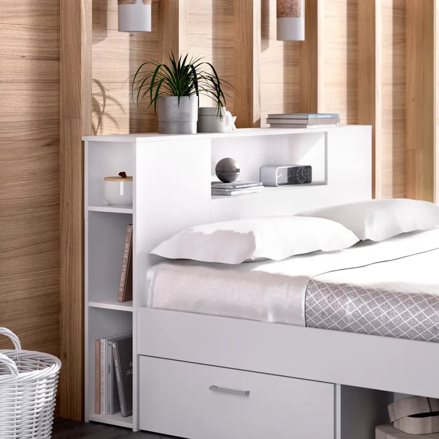 Letto matrimoniale 160x200 cm in legno bianco con vani e cassetti - Kygo