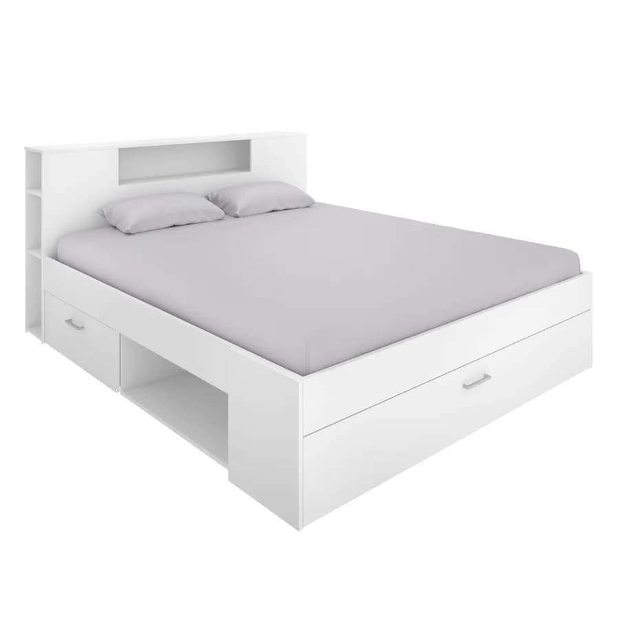 Letto matrimoniale 160x200 cm in legno bianco con vani e cassetti - Kygo