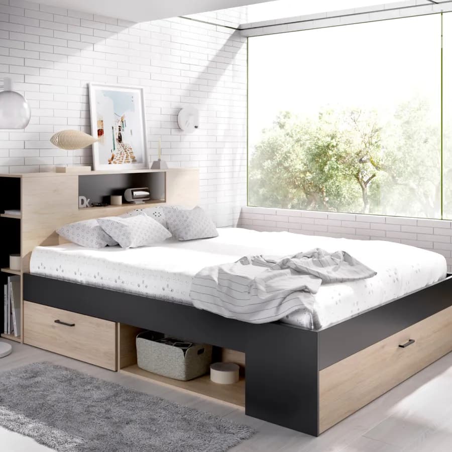 Letto matrimoniale 160x200 in legno naturale e grafite con vani e cassetti - Kygo
